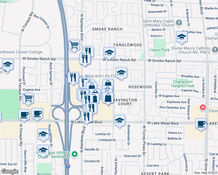 map of restaurants, bars, coffee shops, grocery stores, and more near 6573 Woodsworth Avenue in Las Vegas