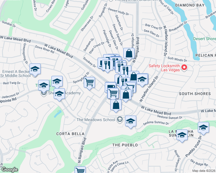 map of restaurants, bars, coffee shops, grocery stores, and more near 2129 Fountain View Drive in Las Vegas