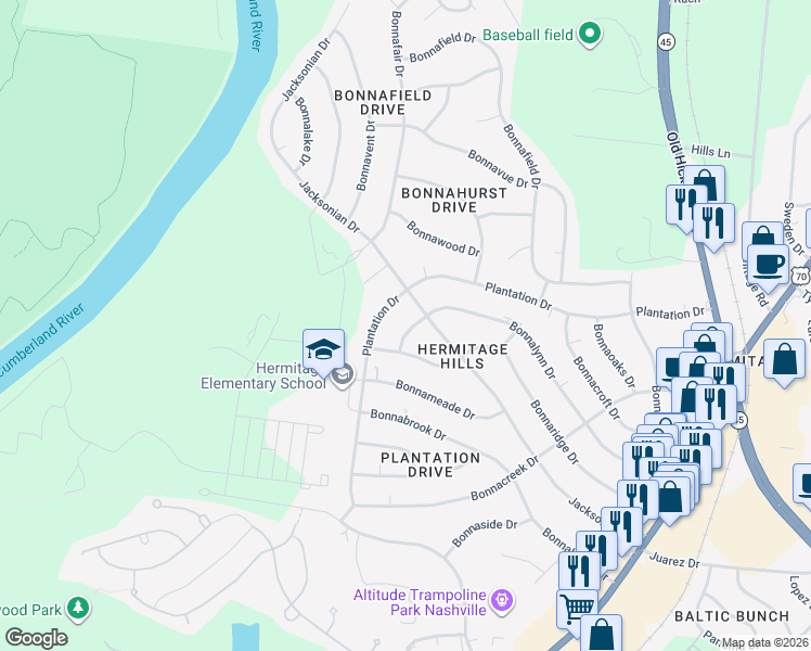 map of restaurants, bars, coffee shops, grocery stores, and more near 5005 Bonnalynn Drive in Nashville