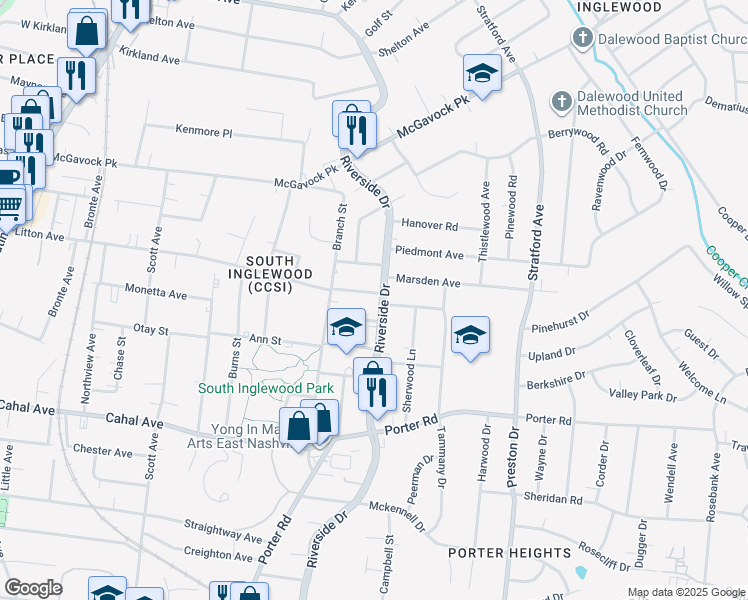 map of restaurants, bars, coffee shops, grocery stores, and more near 1615 Essex Avenue in Nashville