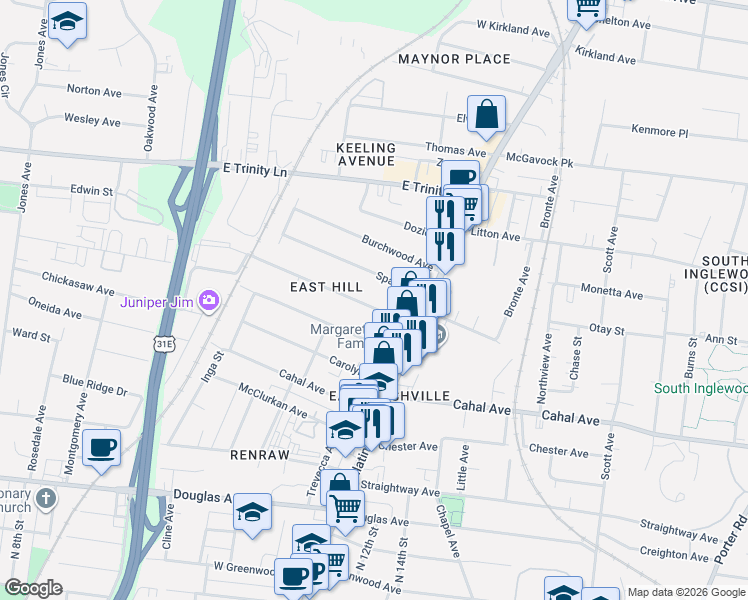 map of restaurants, bars, coffee shops, grocery stores, and more near 1004 Delmas Avenue in Nashville