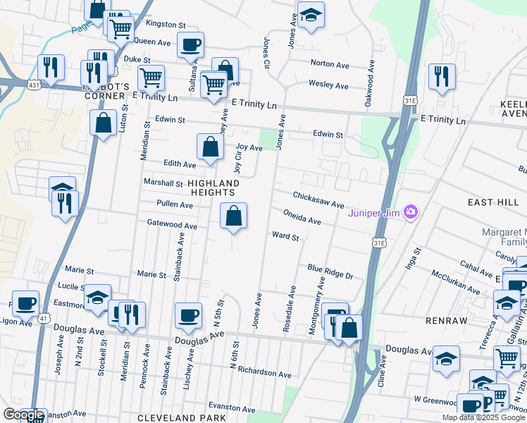 map of restaurants, bars, coffee shops, grocery stores, and more near 1502 Jones Avenue in Nashville