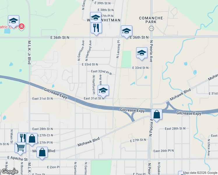map of restaurants, bars, coffee shops, grocery stores, and more near 3123 North Kenosha Avenue in Tulsa