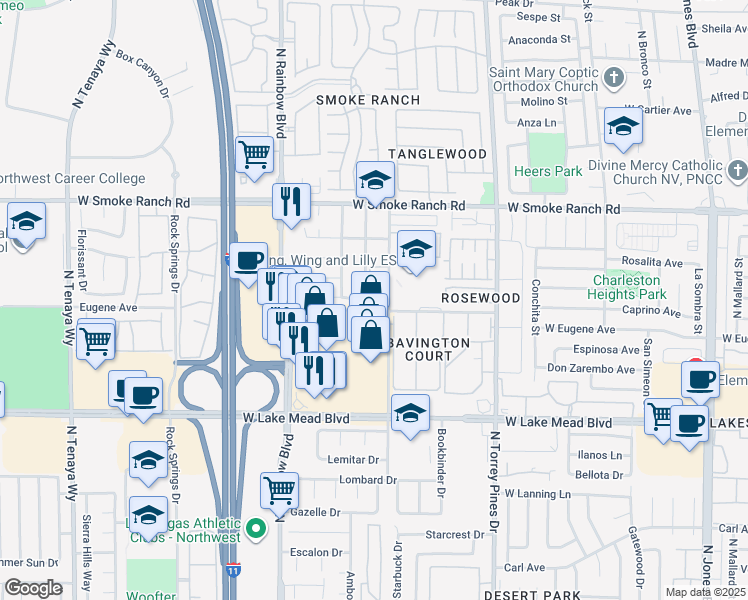 map of restaurants, bars, coffee shops, grocery stores, and more near 2200 Benmore Street in Las Vegas