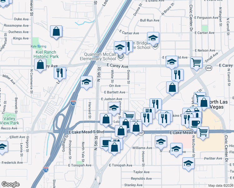 map of restaurants, bars, coffee shops, grocery stores, and more near 709 East Bartlett Avenue in North Las Vegas