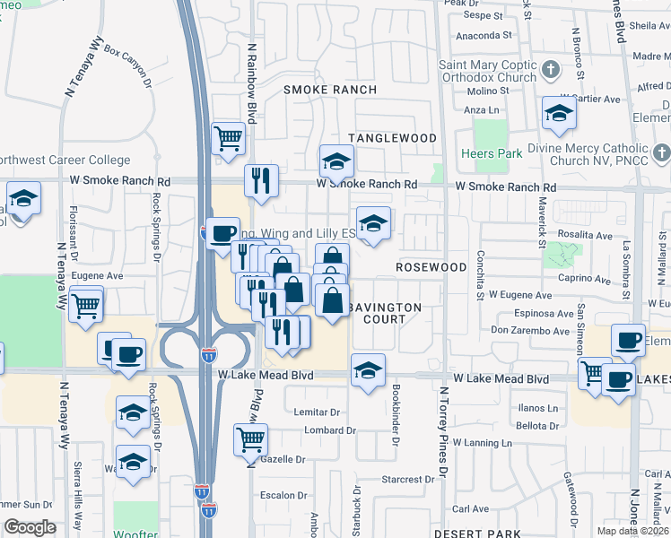 map of restaurants, bars, coffee shops, grocery stores, and more near 6573 Woodsworth Avenue in Las Vegas