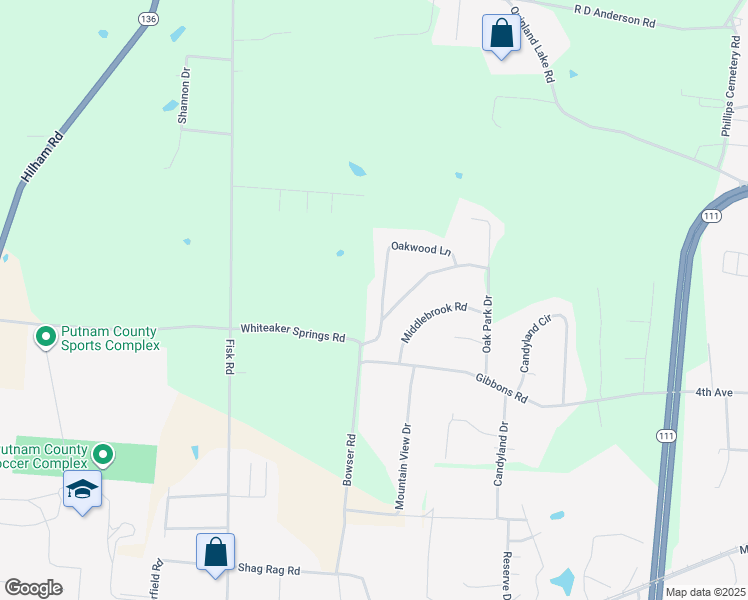 map of restaurants, bars, coffee shops, grocery stores, and more near 1100 Whiteaker Springs Road in Cookeville