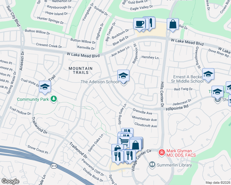 map of restaurants, bars, coffee shops, grocery stores, and more near 2120 Crestline Falls Place in Las Vegas
