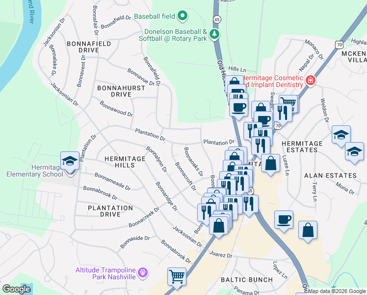 map of restaurants, bars, coffee shops, grocery stores, and more near 4005 Plantation Drive in Nashville