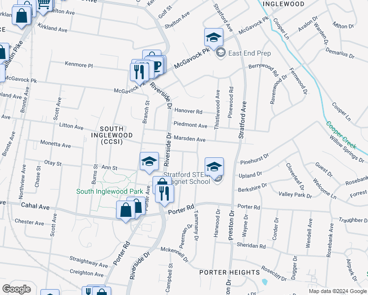 map of restaurants, bars, coffee shops, grocery stores, and more near 1709 Litton Avenue in Nashville