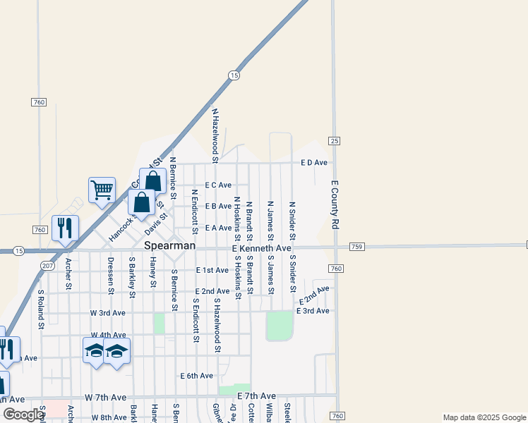 map of restaurants, bars, coffee shops, grocery stores, and more near 101-199 North Brandt Street in Spearman
