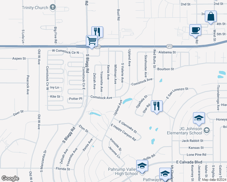 map of restaurants, bars, coffee shops, grocery stores, and more near 1300 Whitman Avenue in Pahrump