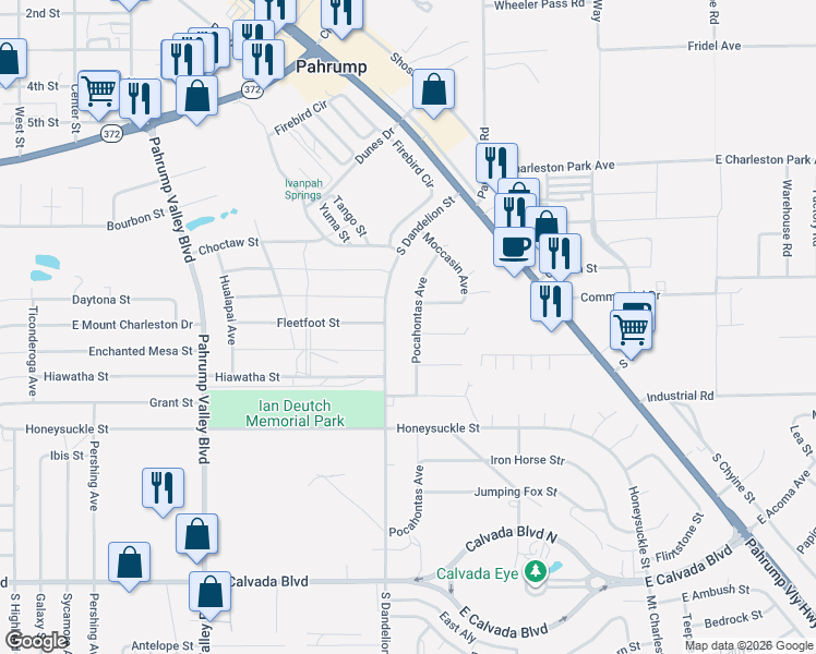 map of restaurants, bars, coffee shops, grocery stores, and more near 1340 Pocahontas Avenue in Pahrump