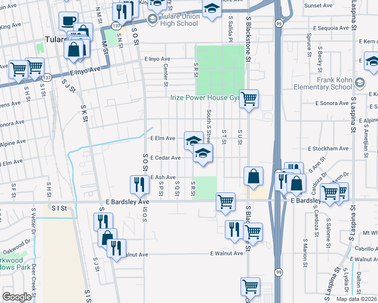 map of restaurants, bars, coffee shops, grocery stores, and more near 751 South R Street in Tulare