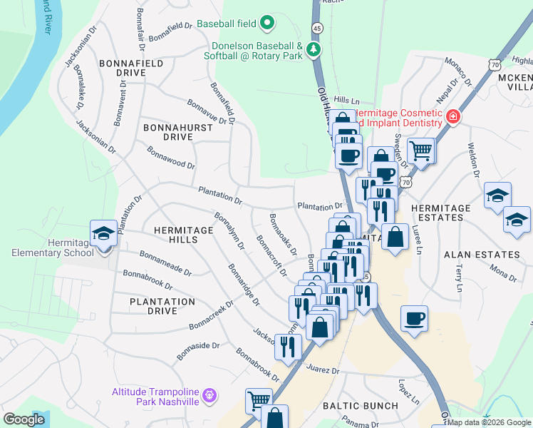 map of restaurants, bars, coffee shops, grocery stores, and more near 4005 Plantation Drive in Nashville
