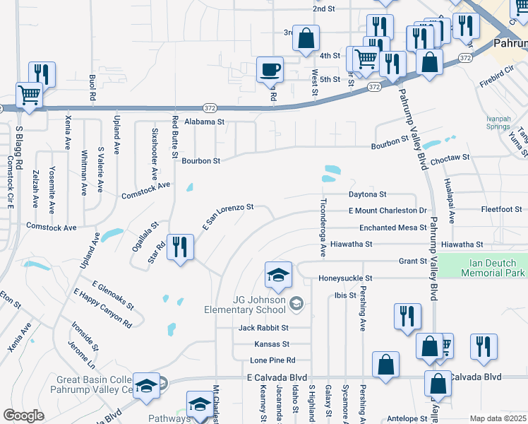 map of restaurants, bars, coffee shops, grocery stores, and more near 841 East San Lorenzo Street in Pahrump