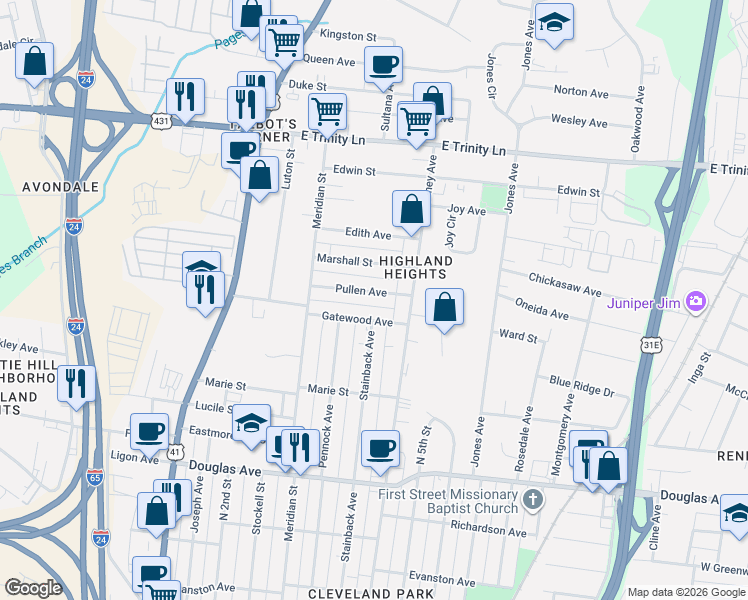 map of restaurants, bars, coffee shops, grocery stores, and more near 317 Gatewood Avenue in Nashville
