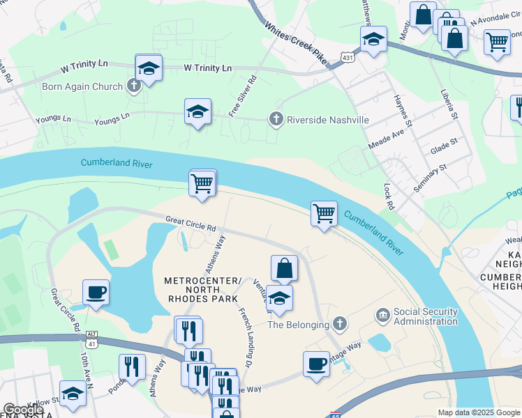 map of restaurants, bars, coffee shops, grocery stores, and more near 341 Great Circle Road in Nashville