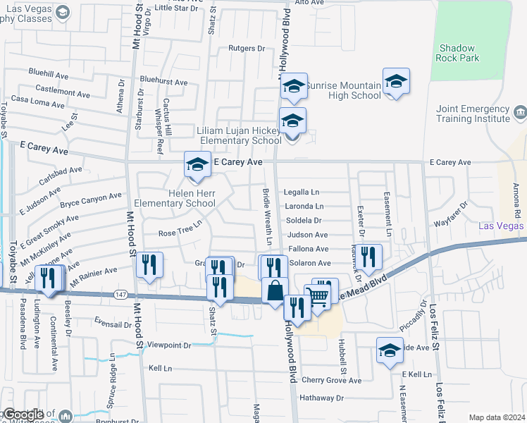 map of restaurants, bars, coffee shops, grocery stores, and more near 2257 Bridle Wreath Lane in Las Vegas