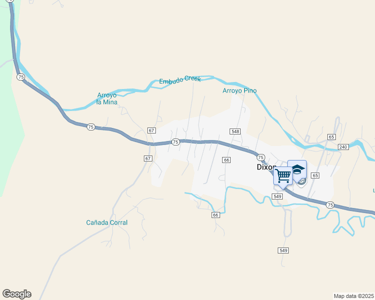 map of restaurants, bars, coffee shops, grocery stores, and more near 165 New Mexico 75 in Dixon