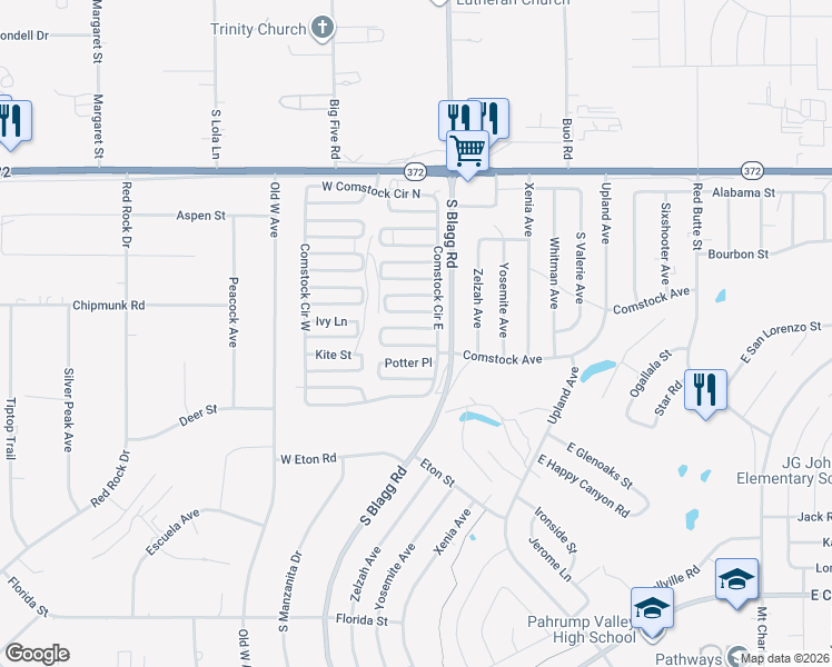map of restaurants, bars, coffee shops, grocery stores, and more near 91 Queenstar Street in Pahrump