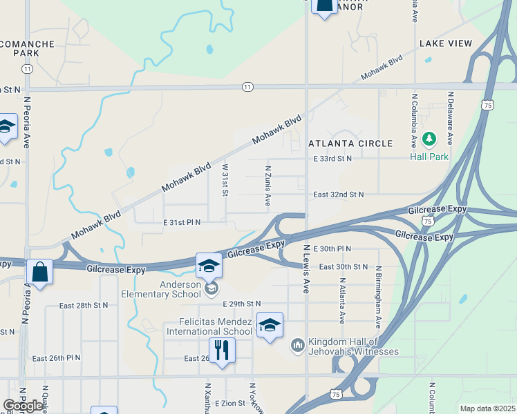 map of restaurants, bars, coffee shops, grocery stores, and more near 2131 East 31st Place North in Tulsa