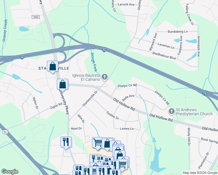 map of restaurants, bars, coffee shops, grocery stores, and more near 269 Phelps Circle Northeast in Winston-Salem