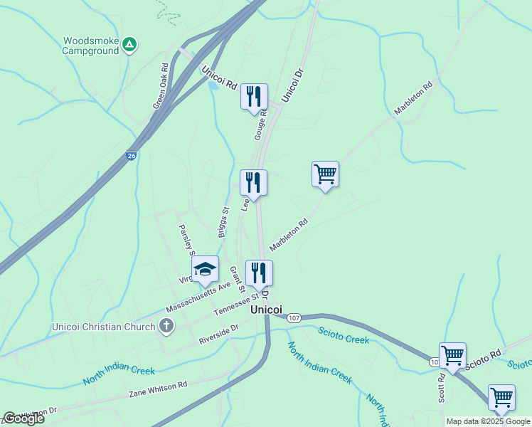 map of restaurants, bars, coffee shops, grocery stores, and more near State Highway 173 in Unicoi