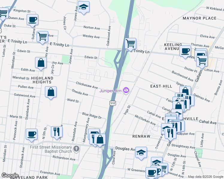 map of restaurants, bars, coffee shops, grocery stores, and more near 924 Chickasaw Avenue in Nashville