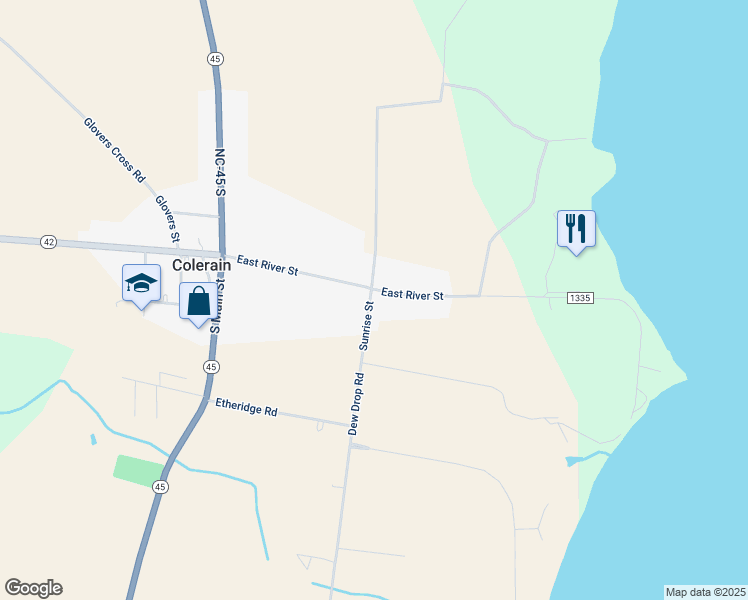 map of restaurants, bars, coffee shops, grocery stores, and more near 410 East River Street in Colerain
