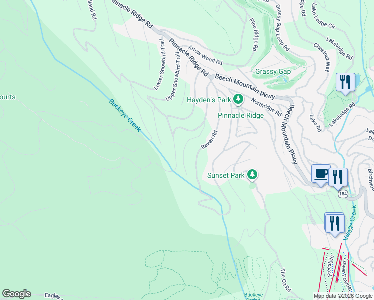 map of restaurants, bars, coffee shops, grocery stores, and more near 119 Hummingbird Road in Beech Mountain