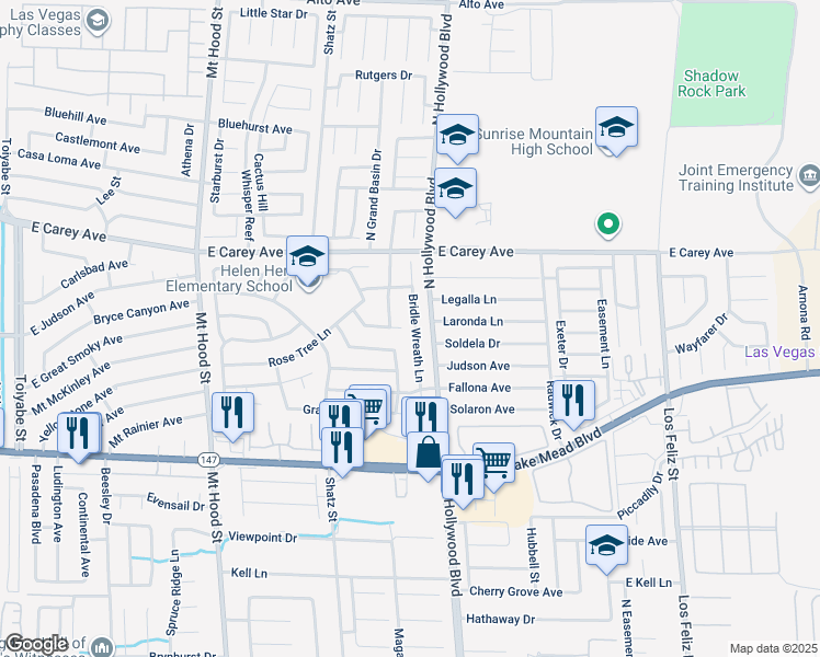 map of restaurants, bars, coffee shops, grocery stores, and more near 2257 Bridle Wreath Lane in Las Vegas