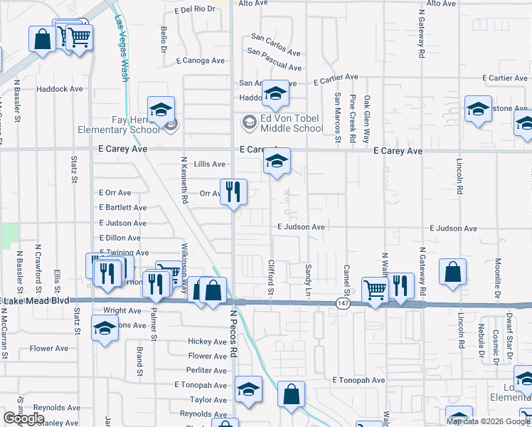 map of restaurants, bars, coffee shops, grocery stores, and more near 2215 Clifford Street in Las Vegas