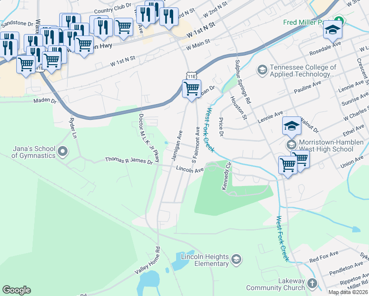 map of restaurants, bars, coffee shops, grocery stores, and more near 1520 Jones Street in Morristown