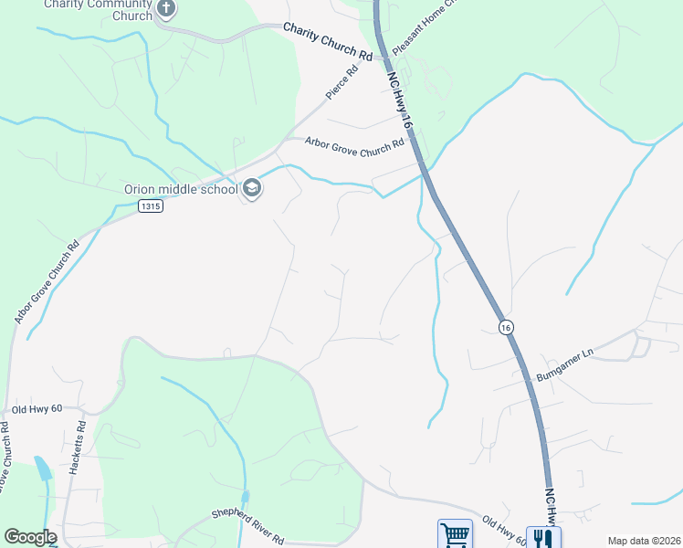 map of restaurants, bars, coffee shops, grocery stores, and more near 441 Hart Lane in Millers Creek