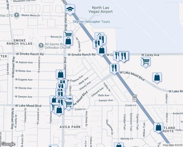 map of restaurants, bars, coffee shops, grocery stores, and more near 4409 Mark Avenue in Las Vegas