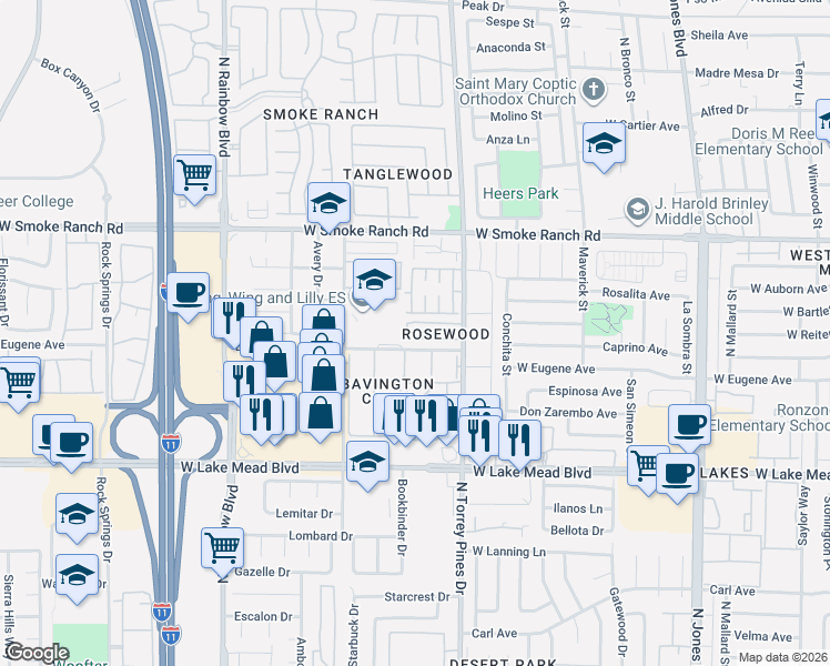map of restaurants, bars, coffee shops, grocery stores, and more near 20 Petersham Court in Las Vegas