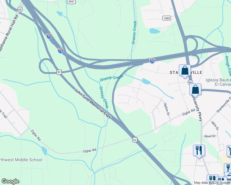 map of restaurants, bars, coffee shops, grocery stores, and more near 6050 Summer Trace Lane in Winston-Salem