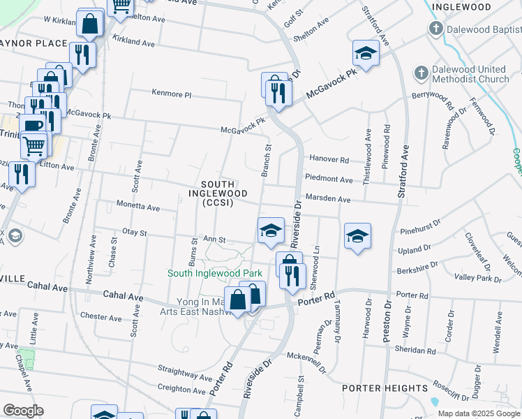 map of restaurants, bars, coffee shops, grocery stores, and more near 1804 Branch Street in Nashville
