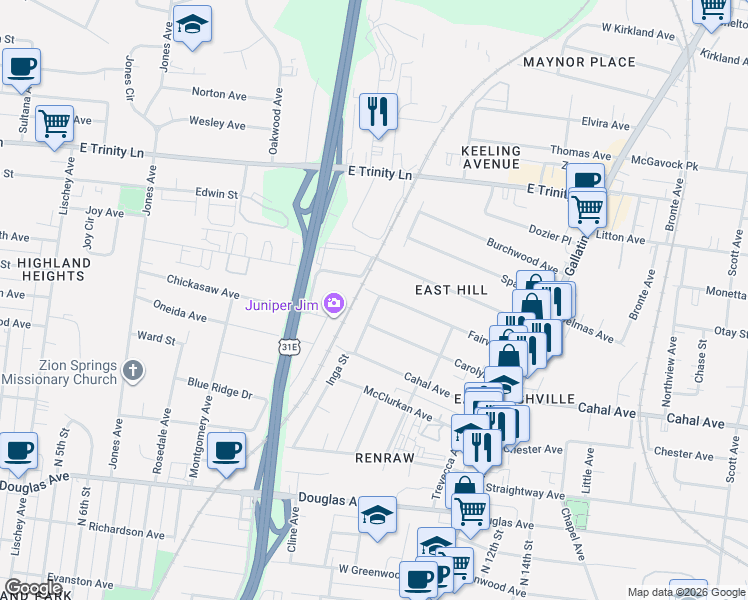 map of restaurants, bars, coffee shops, grocery stores, and more near 903 Carolyn Avenue in Nashville
