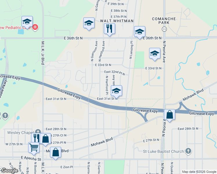 map of restaurants, bars, coffee shops, grocery stores, and more near 3128 North Iroquois Avenue in Tulsa