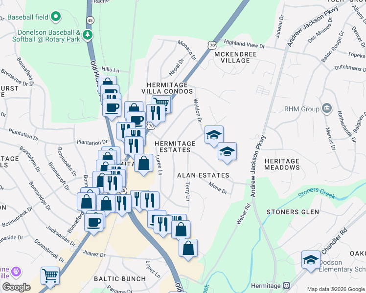 map of restaurants, bars, coffee shops, grocery stores, and more near 303 Tyler Drive in Nashville