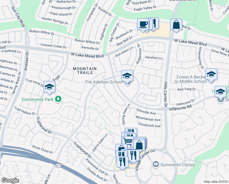 map of restaurants, bars, coffee shops, grocery stores, and more near 2153 Crestline Falls Place in Las Vegas