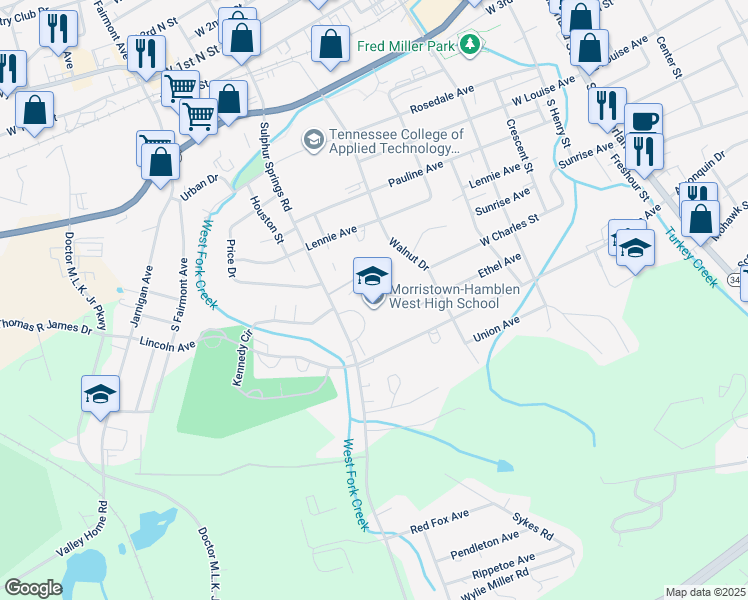 map of restaurants, bars, coffee shops, grocery stores, and more near 1025 Sulphur Springs Road in Morristown