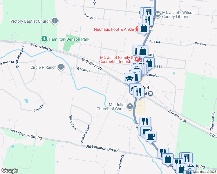 map of restaurants, bars, coffee shops, grocery stores, and more near 129 Hickory Station Lane in Mt. Juliet