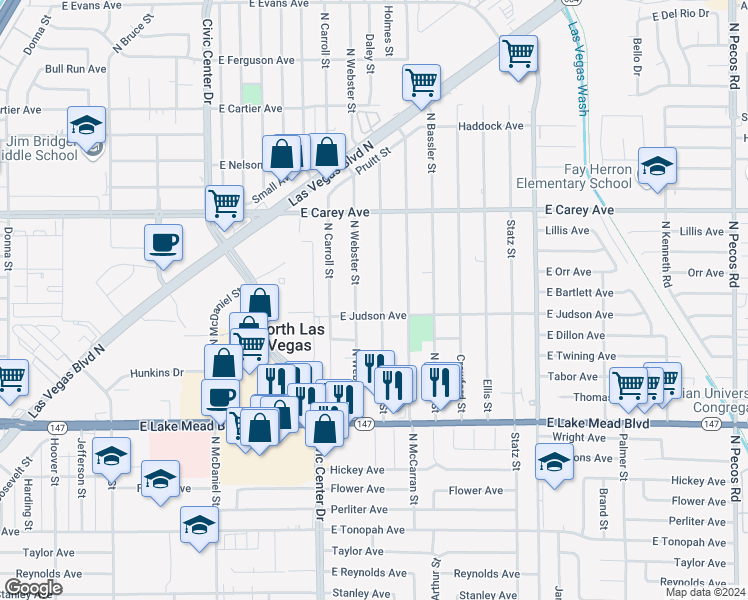 map of restaurants, bars, coffee shops, grocery stores, and more near 2217 Daley Street in North Las Vegas
