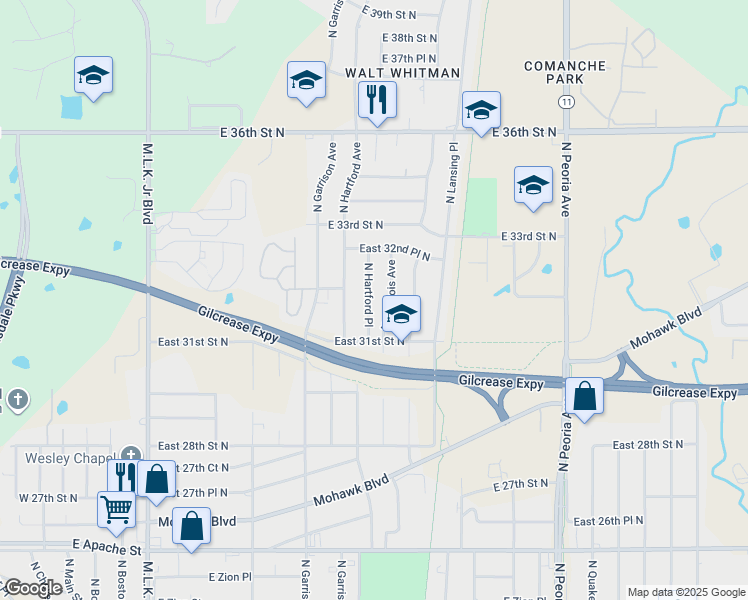 map of restaurants, bars, coffee shops, grocery stores, and more near 3128 North Iroquois Avenue in Tulsa