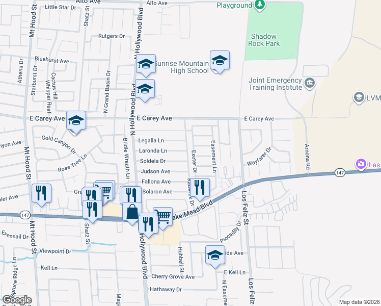 map of restaurants, bars, coffee shops, grocery stores, and more near 2269 Exeter Drive in Las Vegas