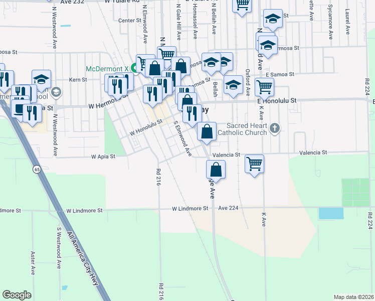 map of restaurants, bars, coffee shops, grocery stores, and more near 299 South Elmwood Avenue in Lindsay