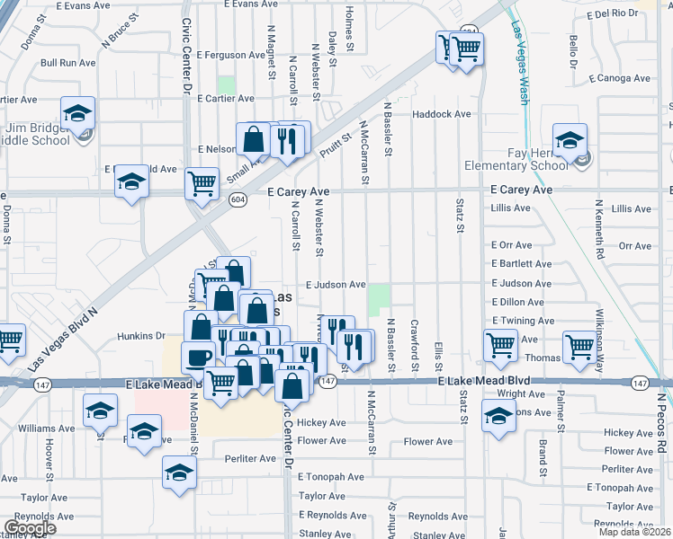 map of restaurants, bars, coffee shops, grocery stores, and more near 2215 Daley Street in North Las Vegas